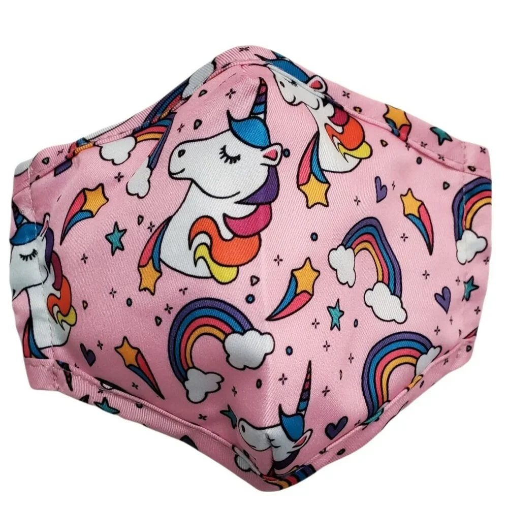 2 Youth Face Masks Purple & Unicorn Rainbows Hearts Stars Lined Adjustable Cover